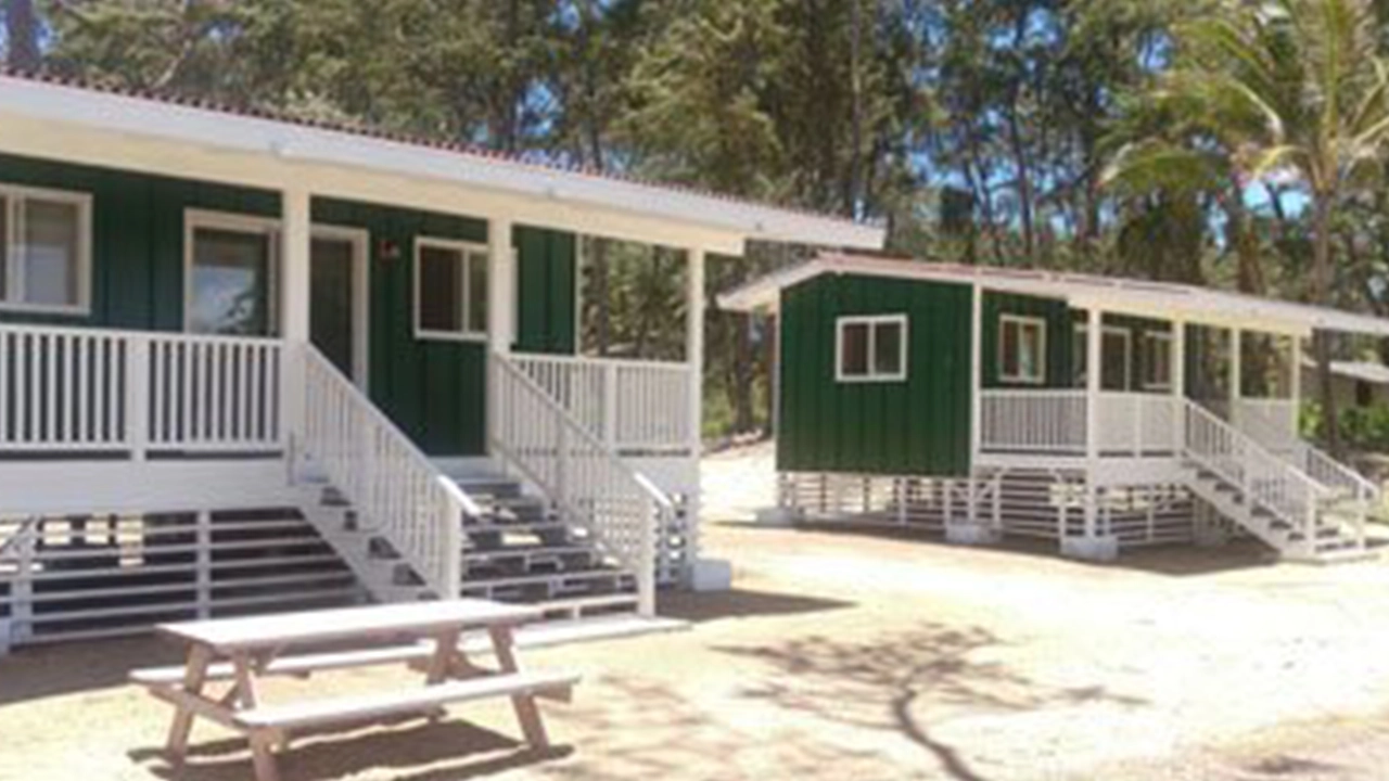 Cabins and tables at the beach park.