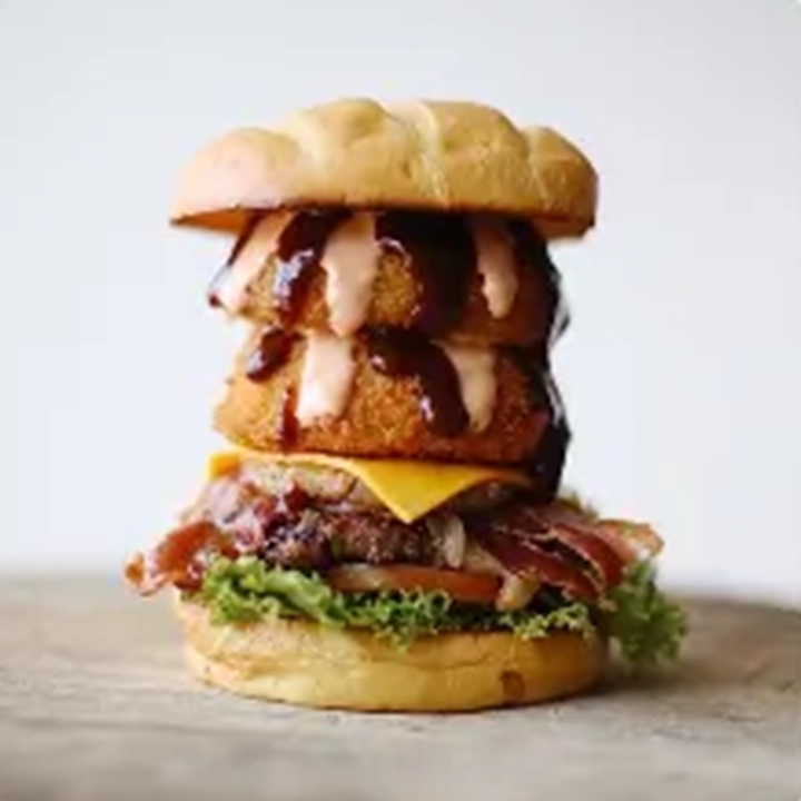 Mountainous Shez burger, with two onion rings, from Seven Brothers.