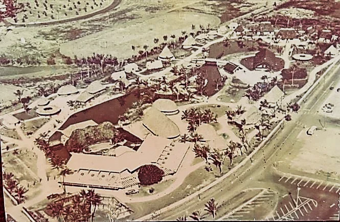  Early aerial color photo of the buildings and grounds at the Polynesian Cultural Center.