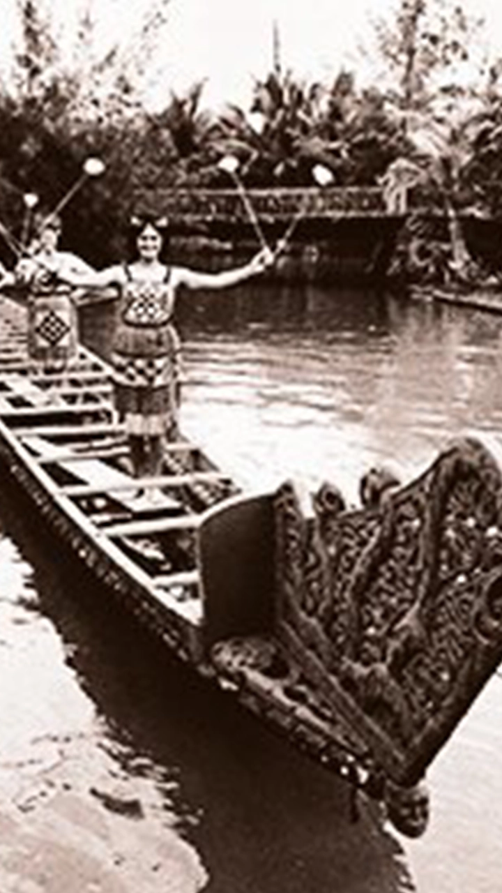 Old photograph of the Māori canoe performance at the PCC.