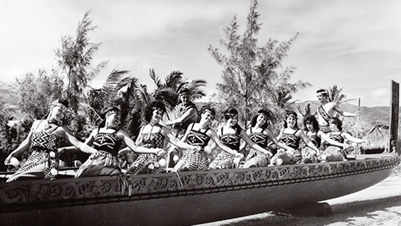 PCC Māori performers aboard the canoe in the early 1960s.
