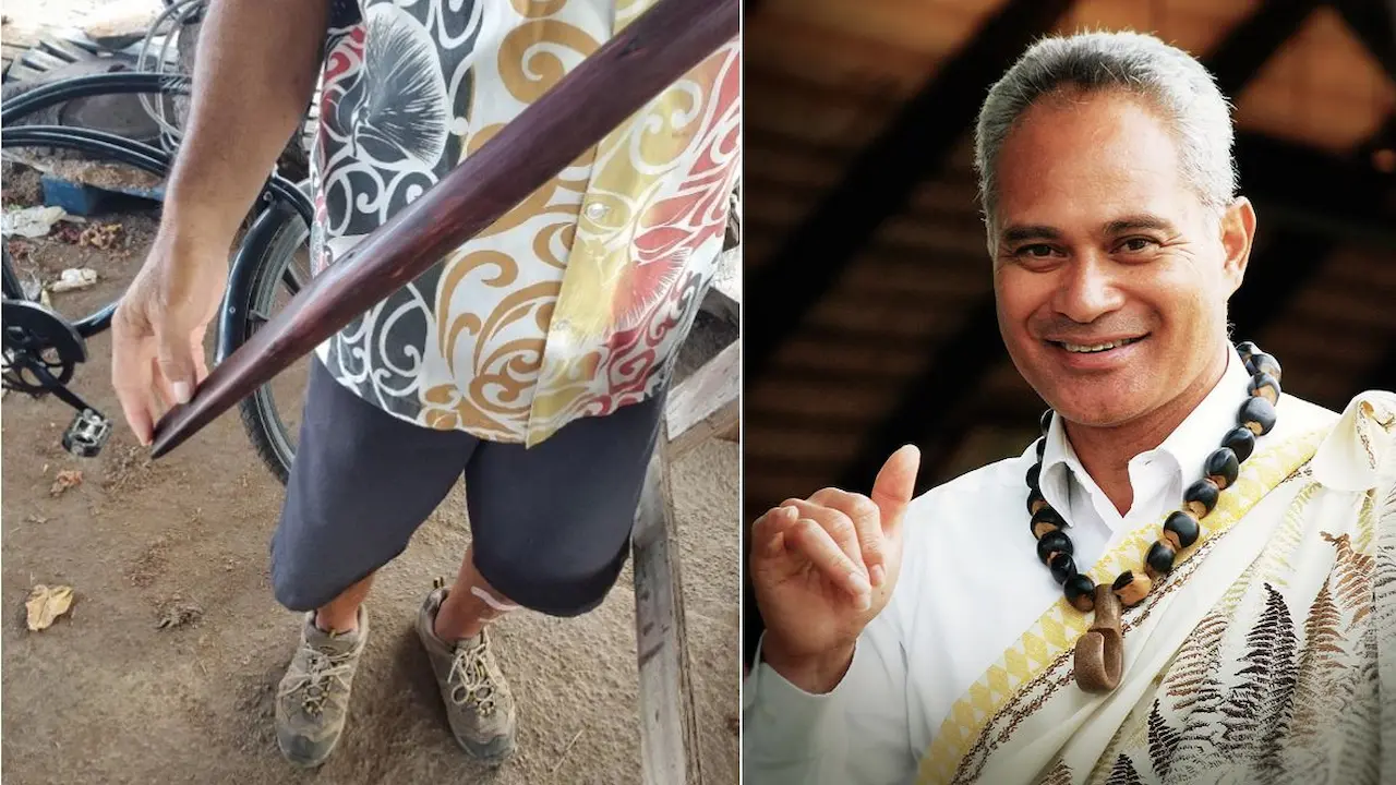 Showcasing the oʻo, a traditional digging tool of the Hawaiians and a photo of Ray Mokio, one of the carvers at the Polynesian Cultural Center