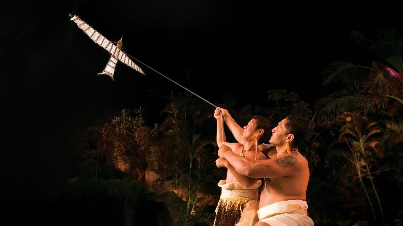 A scene from the show where Manaʻs father helping him fly a kite.