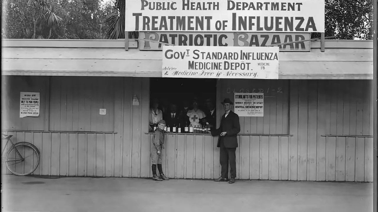 The former Patriotic Bazaar in Christchurch, converted by the Public Health Department to dispense 'Government Standard Influenza Medicine'.