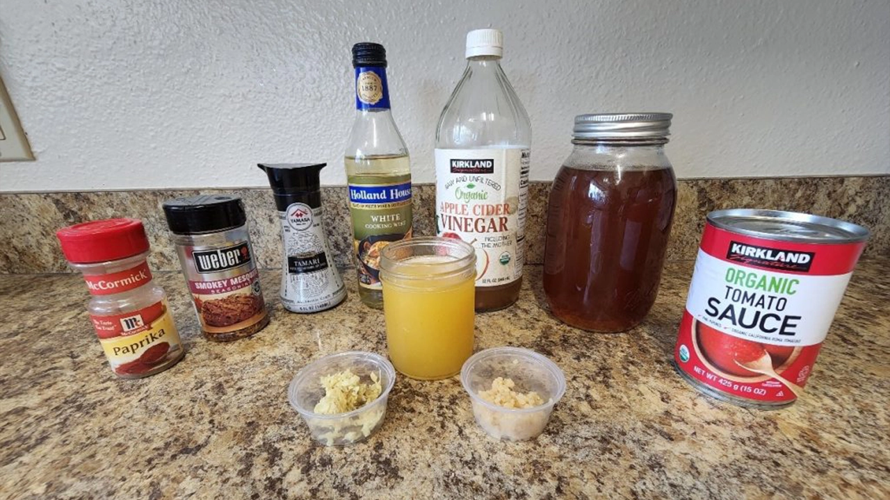 An assortment of ingredients used in Huli Huli chicken recipe
