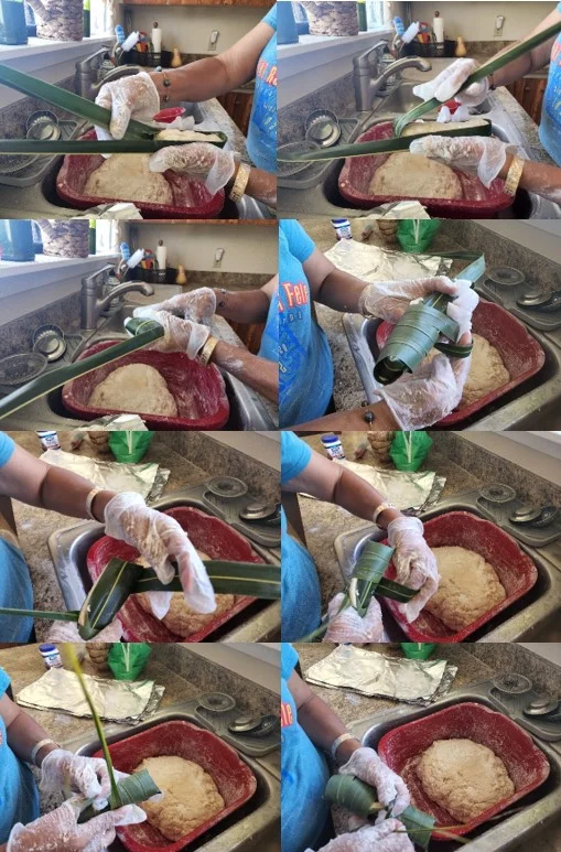 Demonstrating how to wrap Tahitian coconut bread with coconut fronds step by step 